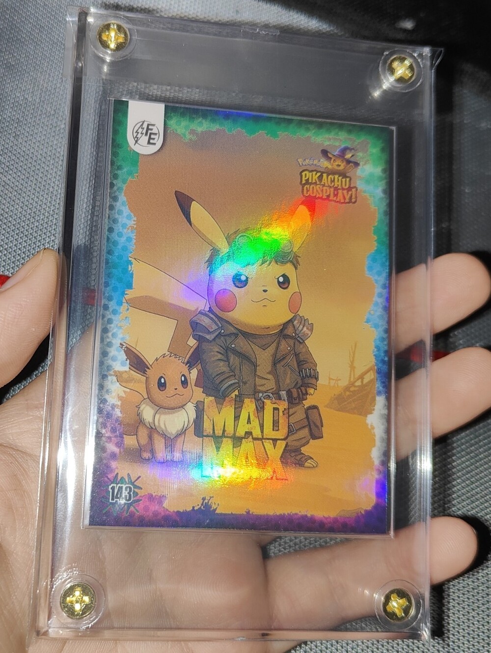 Mad Max Eevee holo encased Pikachu Cosplay Horror card Unofficial Pokemon Peru